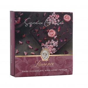 Laurence Tafelschokolade Signature Edition Zartbitterschokolade mit Rosenblüten Packung