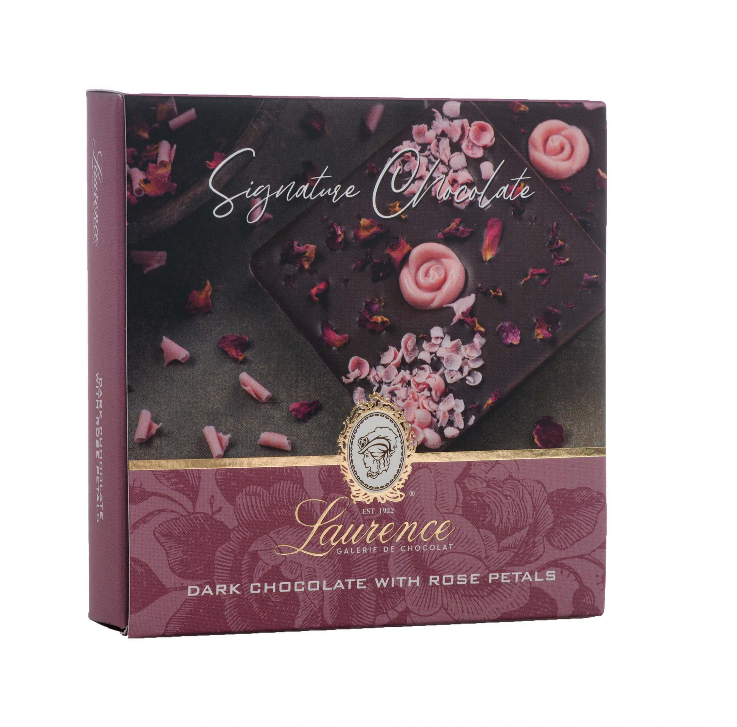 Laurence Tafelschokolade Signature Edition Zartbitterschokolade mit Rosenblüten Packung Laurence Tafelschokolade Signature Edition Zartbitterschokolade mit Rosenblüten Packung