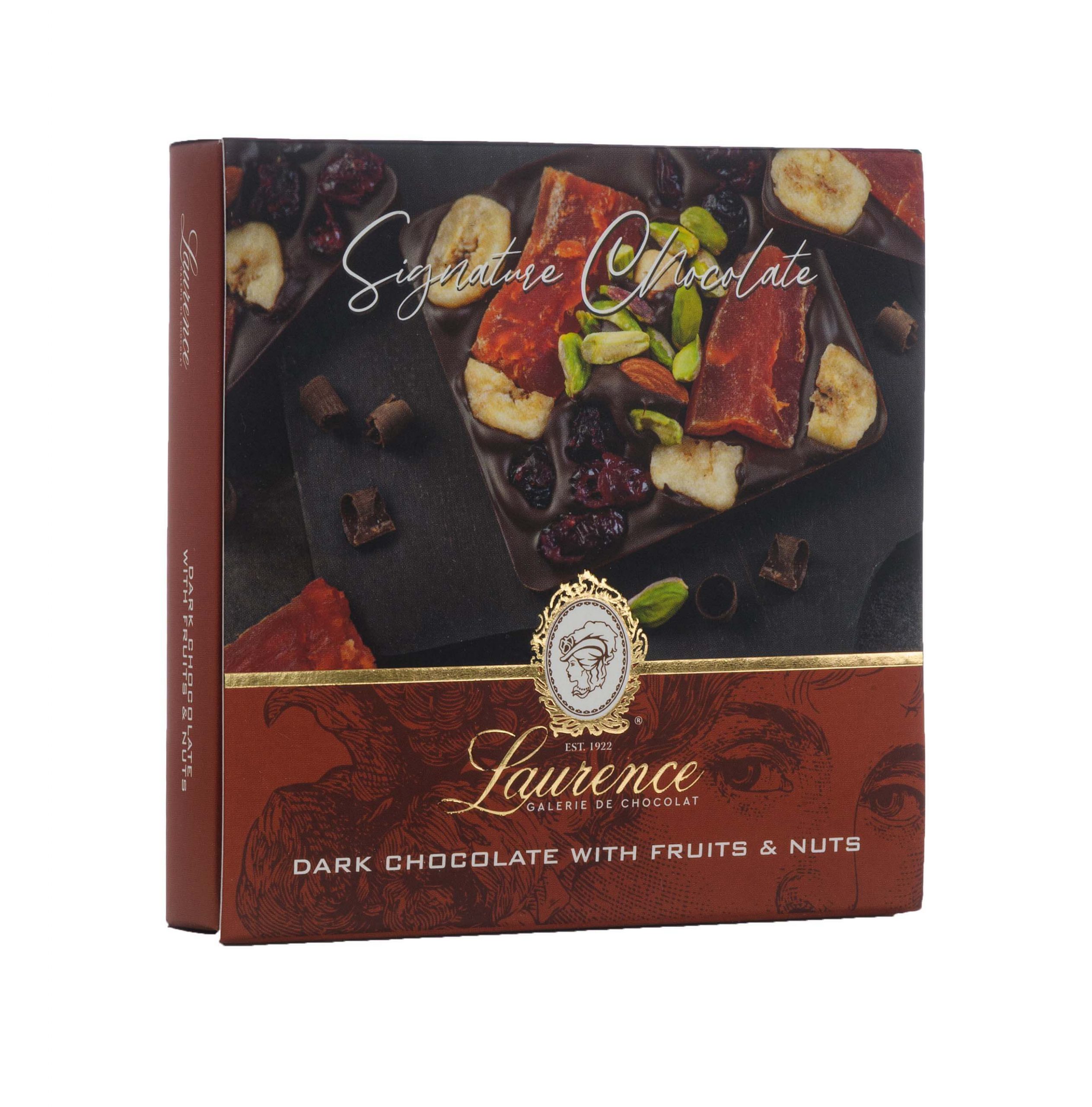 Laurence Tafelschokolade Signature Edition Zartbitterschokolade mit Früchten & Nüssen Packung Laurence Tafelschokolade Signature Edition Zartbitterschokolade mit Früchten & Nüssen Packung