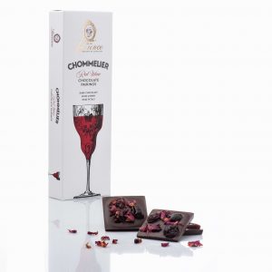 Laurence Chommelier Zartbitter-Tafelschokolade mit Sauerkirsche und Rosenblüten für Rotwein Packung