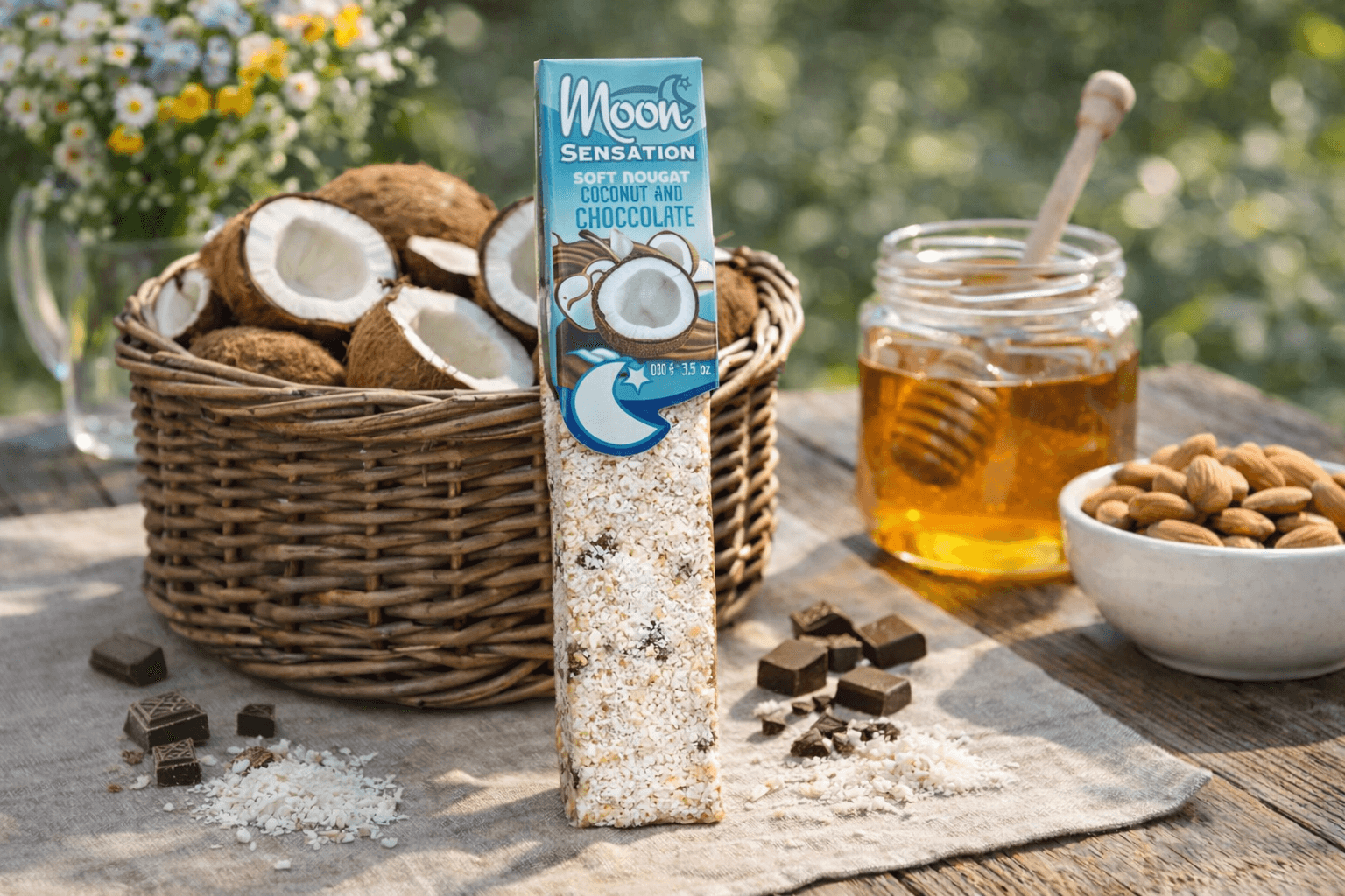 Moon Softnougat Stange Kokosnuss Milchschokolade in der Verpackung auf einem Holztisch mit Tischdecke, einer Schale mit Mandeln, einem Glas mit Honig und einem Korb mit Kokosnüssen, hinten eine Vase mit Blumen Moon Softnougat Stange Kokosnuss Milchschokolade in der Verpackung auf einem Holztisch mit Tischdecke, einer Schale mit Mandeln, einem Glas mit Honig und einem Korb mit Kokosnüssen, hinten eine Vase mit Blumen