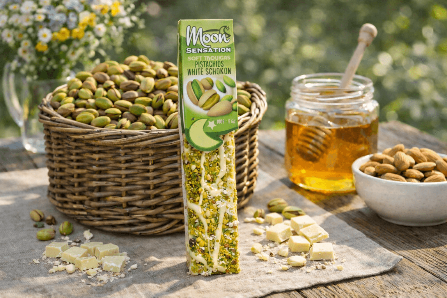 Moon Softnougat Stange Pistazie weiße Schokolade in der Verpackung auf einem Holztisch mit Tischdecke, einer Schale mit Mandeln, einem Glas mit Honig und einem Korb mit Pistazien, hinten eine Vase mit Blumen Moon Softnougat Stange Pistazie weiße Schokolade in der Verpackung auf einem Holztisch mit Tischdecke, einer Schale mit Mandeln, einem Glas mit Honig und einem Korb mit Pistazien, hinten eine Vase mit Blumen