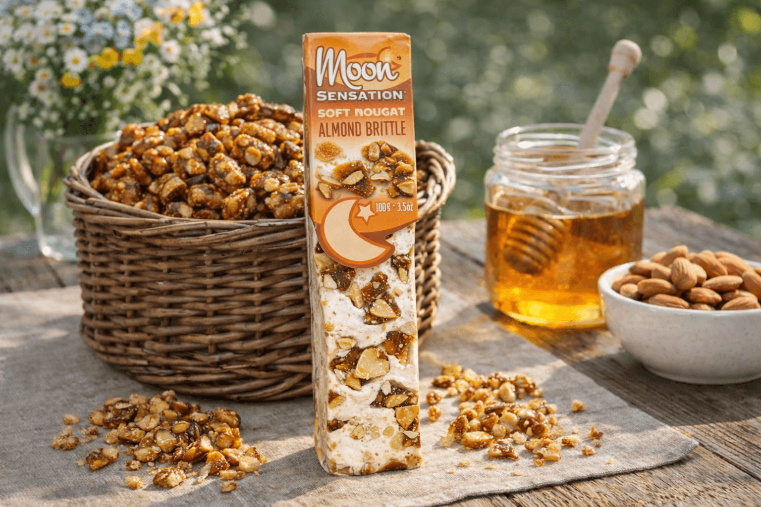 Moon Softnougat Stange Mandelkrokant in der Verpackung auf einem Holztisch mit Tischdecke, einer Schale mit Mandeln, einem Glas mit Honig und einem Korb mit Krokantmandeln, hinten eine Vase mit Blumen Moon Softnougat Stange Mandelkrokant in der Verpackung auf einem Holztisch mit Tischdecke, einer Schale mit Mandeln, einem Glas mit Honig und einem Korb mit Krokantmandeln, hinten eine Vase mit Blumen