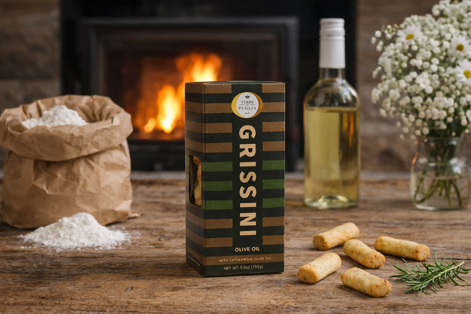 Terre di Puglia Mini Grissini Classico Packung, auf einem rustikalen Holztisch, links daneben eine Papiertüte mit Mehl, rechts daneben Grissini-Snacks, eine Flasche Weißwein, eine Vase mit Blumen und im Hintergrund ein Kaminfeuer Terre di Puglia Mini Grissini Classico Packung, auf einem rustikalen Holztisch, links daneben eine Papiertüte mit Mehl, rechts daneben Grissini-Snacks, eine Flasche Weißwein, eine Vase mit Blumen und im Hintergrund ein Kaminfeuer